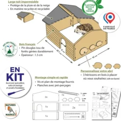 Abri pour hérisson XXL en bois pin douglas Natures Market - 61,5 x 42 x 32 cm