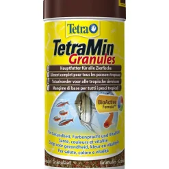 Aliment pour poissons d’ornement TetraMin granules. La boite de 250 ml