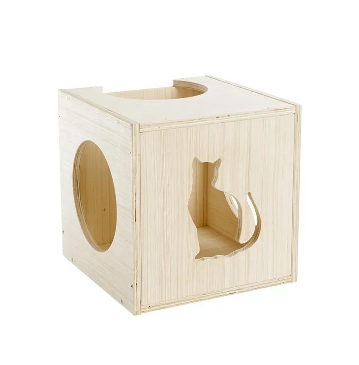 Arbre à chat coloris beige en bois mural cube - 33 x 30 x 33 cm