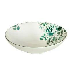 Assiette à salade et pâtes en grès Oxalis coloris blanc motif floral vert - Ø 19 cm
