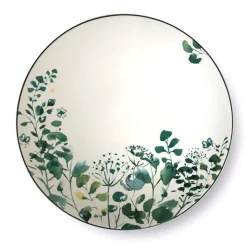 Assiette plate en grès Oxalis coloris blanc motif floral vert - Ø 27 cm