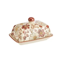 Beurrier en grès beige à fleur pourpre Kiyo - 16 x 11 cm
