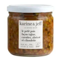 Bocal de petits pois façon tajine, carottes, abricots et ciboulette bio en pot Karine & Jeff - 320 g