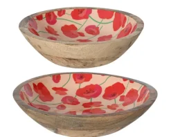 Bol décoratif à motif de coquelicots en bois de manguier rouge T1 - Ø 24 x H 6,5 cm