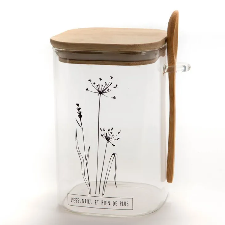 Bonbonnière coloris transparent en verre avec cuillère en bois - 10 x 15,5 x 12 cm