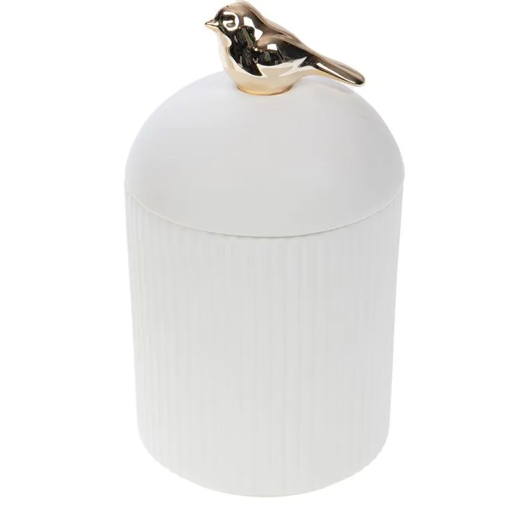 Boîte en céramique blanche avec oiseau doré Ofelia - 9 x 9,3 x 17 cm