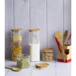 Boîte en verre empilable 2200 ml avec couvercle en bambou 11x11x30 cm