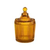Boîte ronde décorative en verre fumé ocre strié - Ø 9,5 x H 15 cm