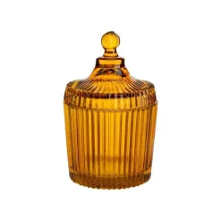 Boîte ronde décorative en verre fumé ocre strié - Ø 9,5 x H 15 cm