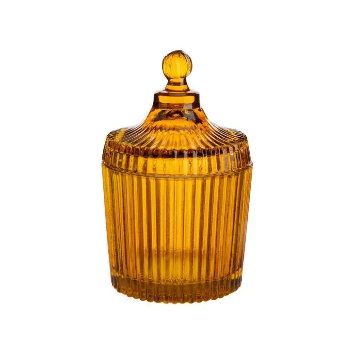 Boîte ronde décorative en verre fumé ocre strié - Ø 9,5 x H 15 cm