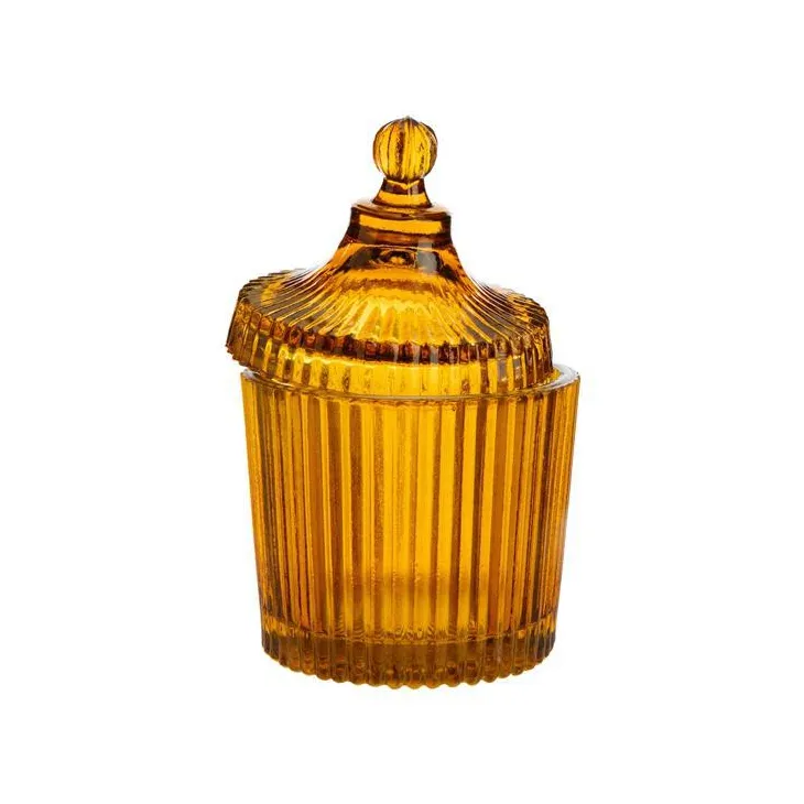 Boîte ronde décorative en verre fumé ocre strié - Ø 9,5 x H 15 cm