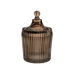 Boîte ronde décorative en verre fumé marron strié - Ø 9,5 x H 15 cm