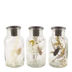 Bougeoir fleurs séchées coloris transparent en verre - 13 cm