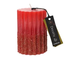 Bougie pilier rouge Noël avec paillettes or - Ø 7 x H 10 cm