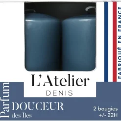 Bougies cylindriques bleu parfum douceur des î L’Atelier de Denis - L’étui de 2