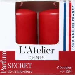 Bougies cylindriques rouge parfum secret de grand-mère L’Atelier de Denis - L’étui de 2