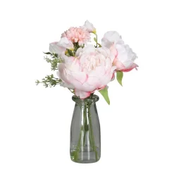 Bouquet de fleurs artificielles roses dans vase illusion d’eau - 32 cm