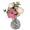 Bouquet de fleurs artificielles rose avec vase en verre - 24 cm