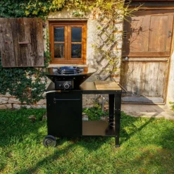 Braséro gaz et wok sur chariot coloris noir avec planche en fonte Somagic - 107 x 78 x 98,5 cm