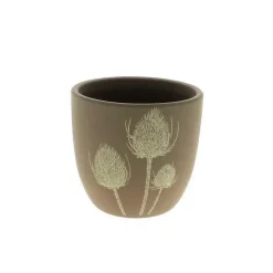 Cache-pot en céramique taupe à motif de chardon - Ø 13,5 x H 12,5 cm