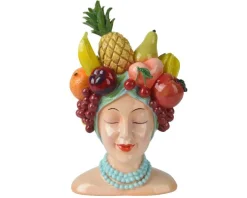 Cache-pot en polyrésine multicolore femme avec fruits - 13,4 x 15 x 23 cm