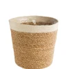 Cache-pot vannerie naturelle avec rebord blanc coloris beige - 24 x 22,5 x 18 cm