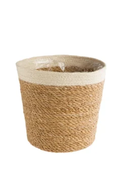 Cache-pot vannerie naturelle avec rebord blanc coloris beige - 24 x 22,5 x 18 cm