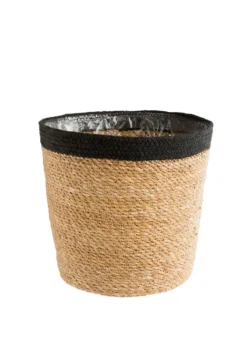 Cache-pot vannerie naturelle avec rebord noir coloris beige - 20,5 x 19,5 x 16 cm