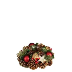 Centre de table bougeoir branche de sapin, pommes de pin naturelles et décorations colorées Roslyn - Ø 19 x H 9 cm