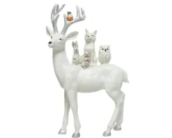 Cerf en polyrésine blanche à paillettes avec petits animaux - 8 x 16 x 25,5 cm