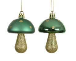Champignon à suspendre en plastique avec pied or pailleté et chapeau vert - Ø 5 x H 7,5 cm