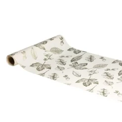 Chemin de table en tissu polyester coloris écru/champagne avec des motifs feuilles en métal – 28 cm x 3 m