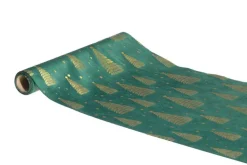 Chemin de table vert épicéa en velours à motifs de sapins or - 28 x 300 cm