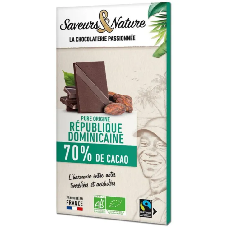 Chocolat noir 70% origine République Dominicaine bio Saveurs et Nature - 80 g