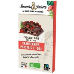 Chocolat noir sucre de fleur de coco, cranberries bio Saveurs et Nature - 100 g
