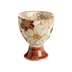 Coffret 4 coquetiers en grès beige à fleur pourpre Kiyo - Ø 6 x H 5 cm