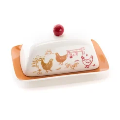 Coffret beurrier en céramique coloris multicolore décor avec des poules Maggie – 13 x H 10,3 x 19 cm