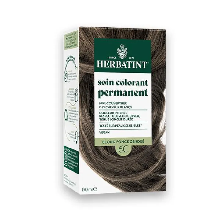 Coloration permanente pour cheveux châtain foncé cendré 6C aux extraits végétaux biologiques vegan Herbatint - 170 ml