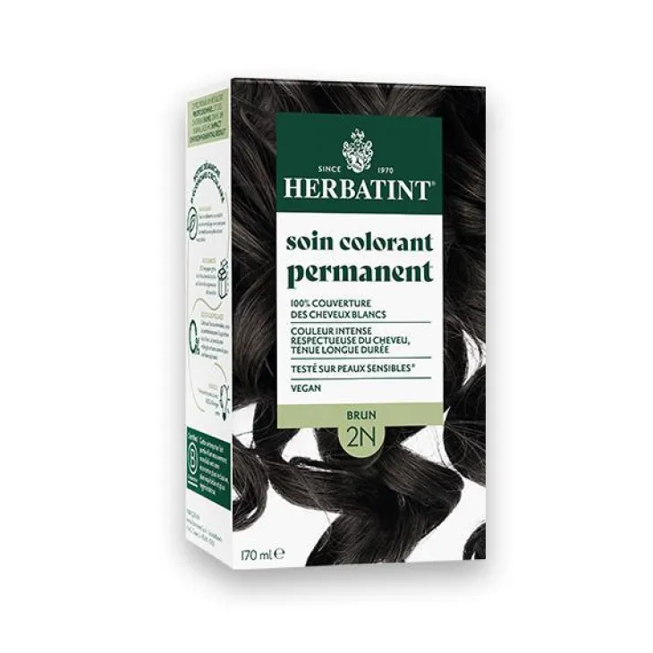 Coloration permanente pour cheveux brun 2N aux extraits végétaux biologiques vegan Herbatint - 170 ml