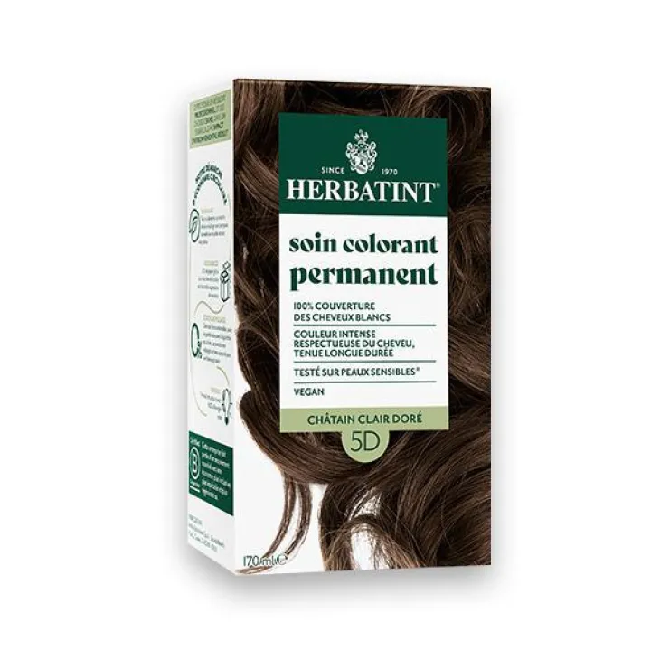 Coloration permanente pour cheveux châtain clair doré 5D aux extraits végétaux biologiques vegan Herbatint - 170 ml