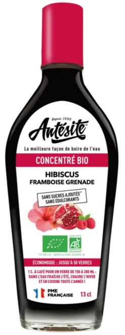 Concentré bio Hibiscus Framboise Grenade Antésite - Bouteille de sirop de 13 cl