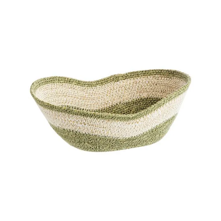 Corbeille ovale forme vague en osier blanc et vert - 25 x 21 x 10 cm