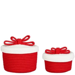 Corbeille rouge à couvercle blanc en corde tressée taille M - Ø 20 x 15 cm
