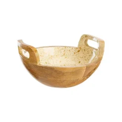 Coupe avec anse en bois de manguier décor moucheté crème et or - 20 x 20 x 11 cm