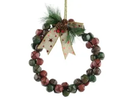 Couronne de clochettes en métal vert, rouge et brun avec nœud - Ø 25 x H 4 cm