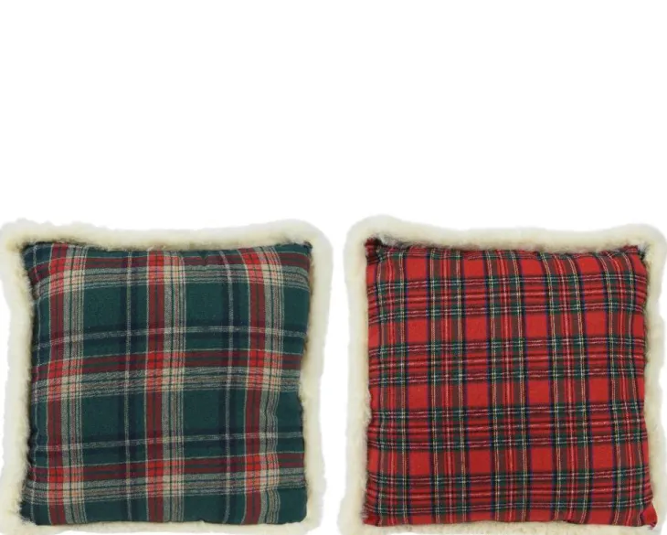 Coussin à carreaux rouges et verts en polyester avec bordures fourrure écrue - 45 x 45 x 2,5 cm