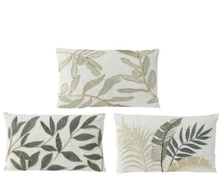 Coussin rectangulaire blanc cassé à broderie feuilles - 50 x 30 cm