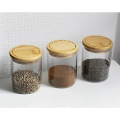 Ensemble de 3 boîtes à épices 190 ml en verre et bambou 8,5 x6,5 cm