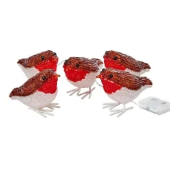 Ensemble de 5 rouge-gorge lumineux acryliques à 40 LED blanc froid pour intérieur ou extérieur - 10 cm