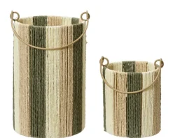 Ensemble de deux photophores en corde de papier vert, beige et crème – Les deux pièces